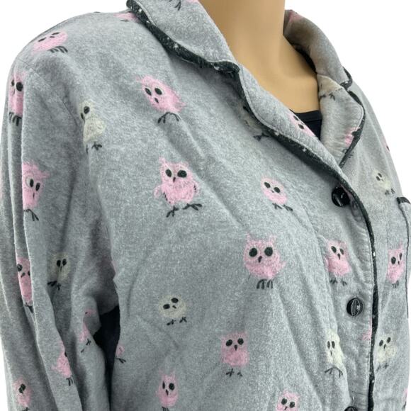 Munki Munki MEDIUM Gray Owl Pajama Sleep Top Long Sleeve Collared Button Up - Picture 2 of 6